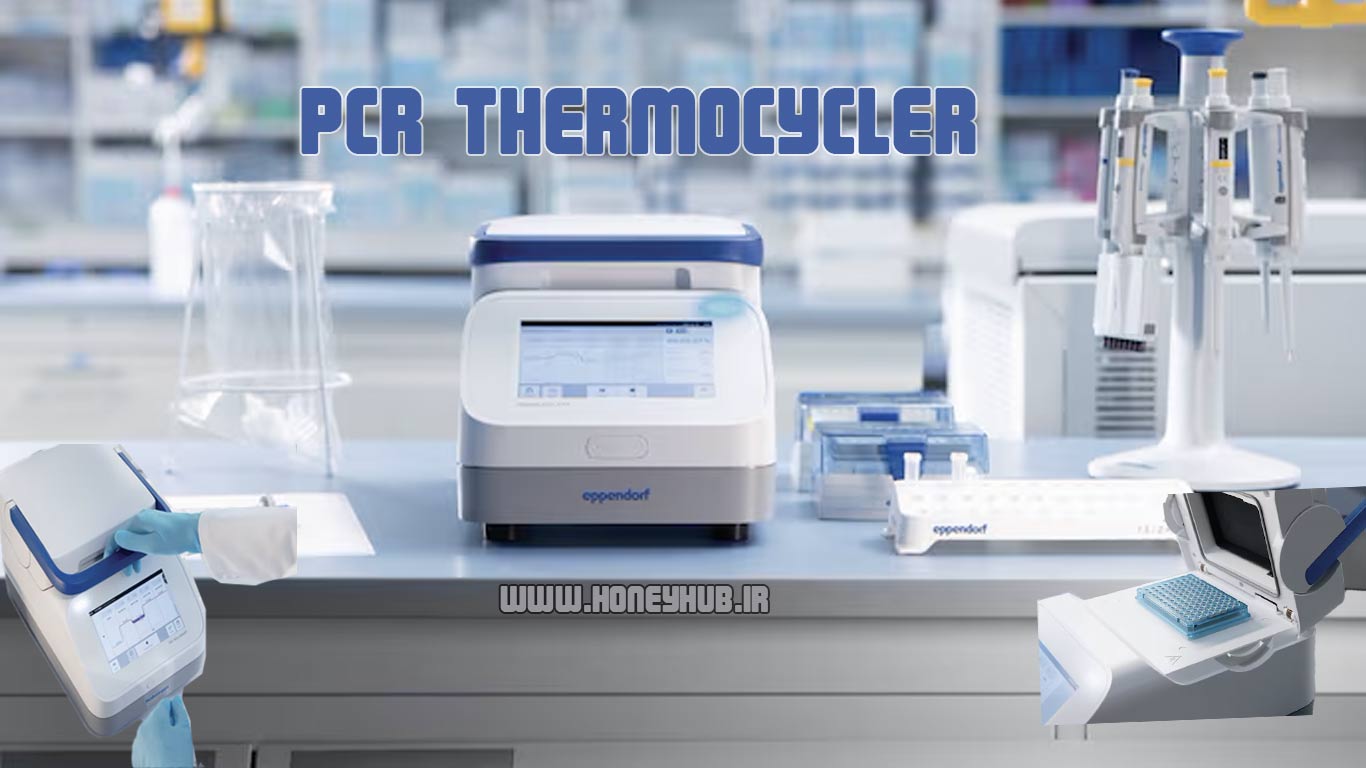 تصویر یک دستگاه PCR بر روی میز آزمایشگاه در کنار نحه باز کردن دستگاه PCR و شکل داخل آن در سمت راست