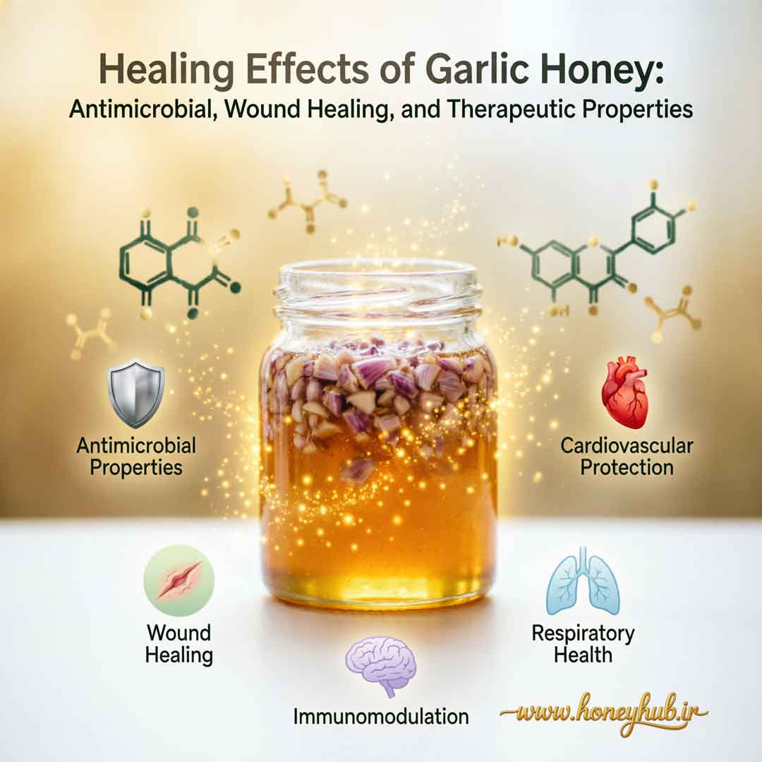Infographic of the healing effects of garlic and honey mixture in treating diseases and physical problems