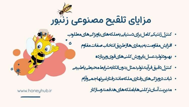مزایای تلقیح مصنوعی ملکه تلقیح مصنوعی ملکه زنبور عسل مزایایا زیادیدارد. از جمله کنترل ژنتیکی، افزایش مقاومت به بیماری ها، بهبود تولید عسل، کنترل دقیق فرایند تولید مثل، ثبات در ویزگی های رفتاری ملکه و مدیریت آسان تر کلنی