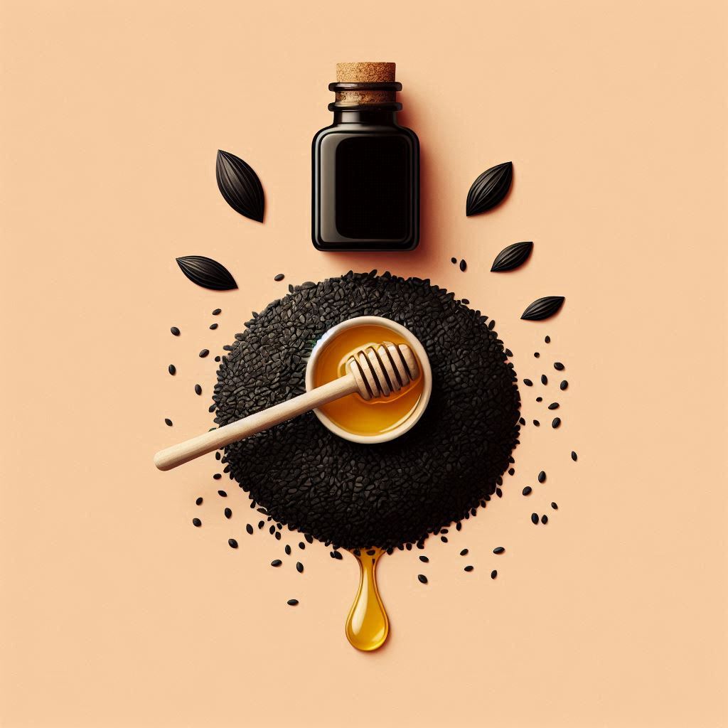 معجون عسل سیاهدانه ظرف عسل در وسط سیاهدانه و قطره عسل در زیر آن و یک شیشه در بالای آن