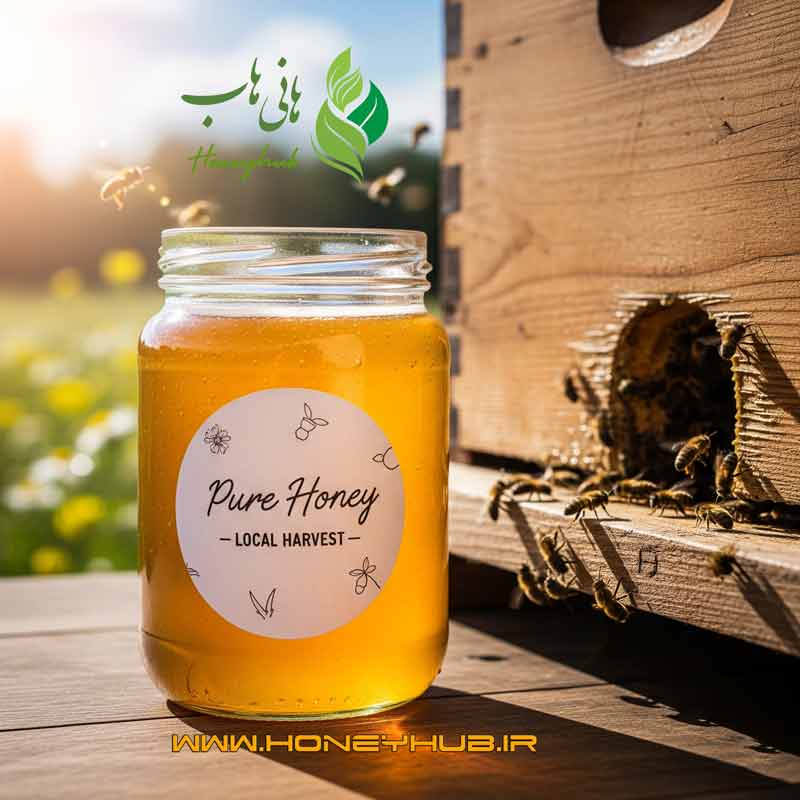 A glass jar of natural honey next to a beehive
