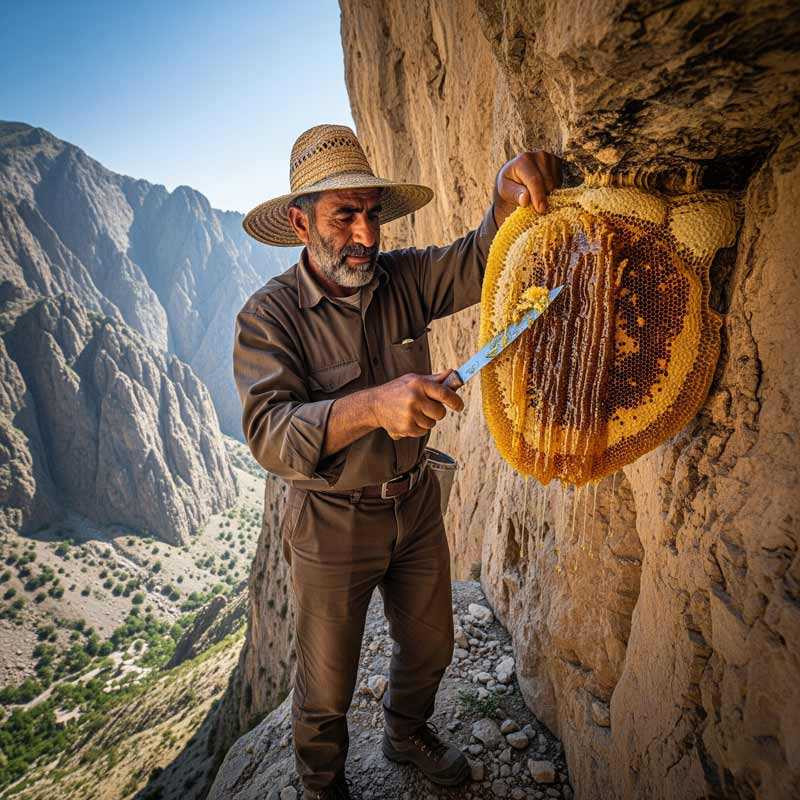 یک شکارچی عسل در حال برداشت عسل وحشی از روی صخره