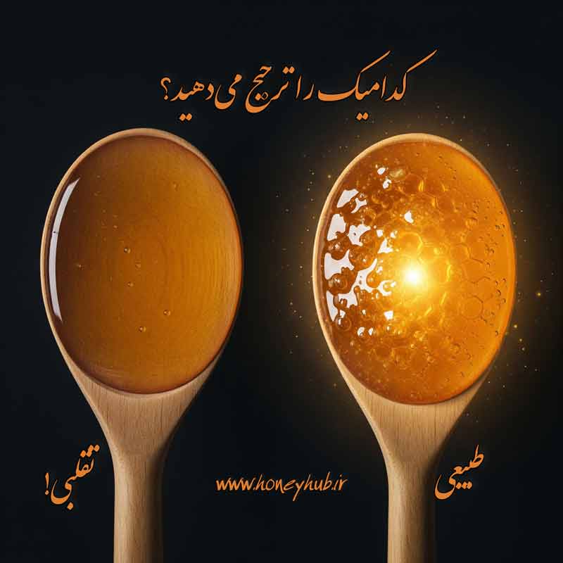 یک شیشه عسل خام کدر و متبلور در کنار یک شیشه عسل فرآوری‌شده شفاف و مایع.