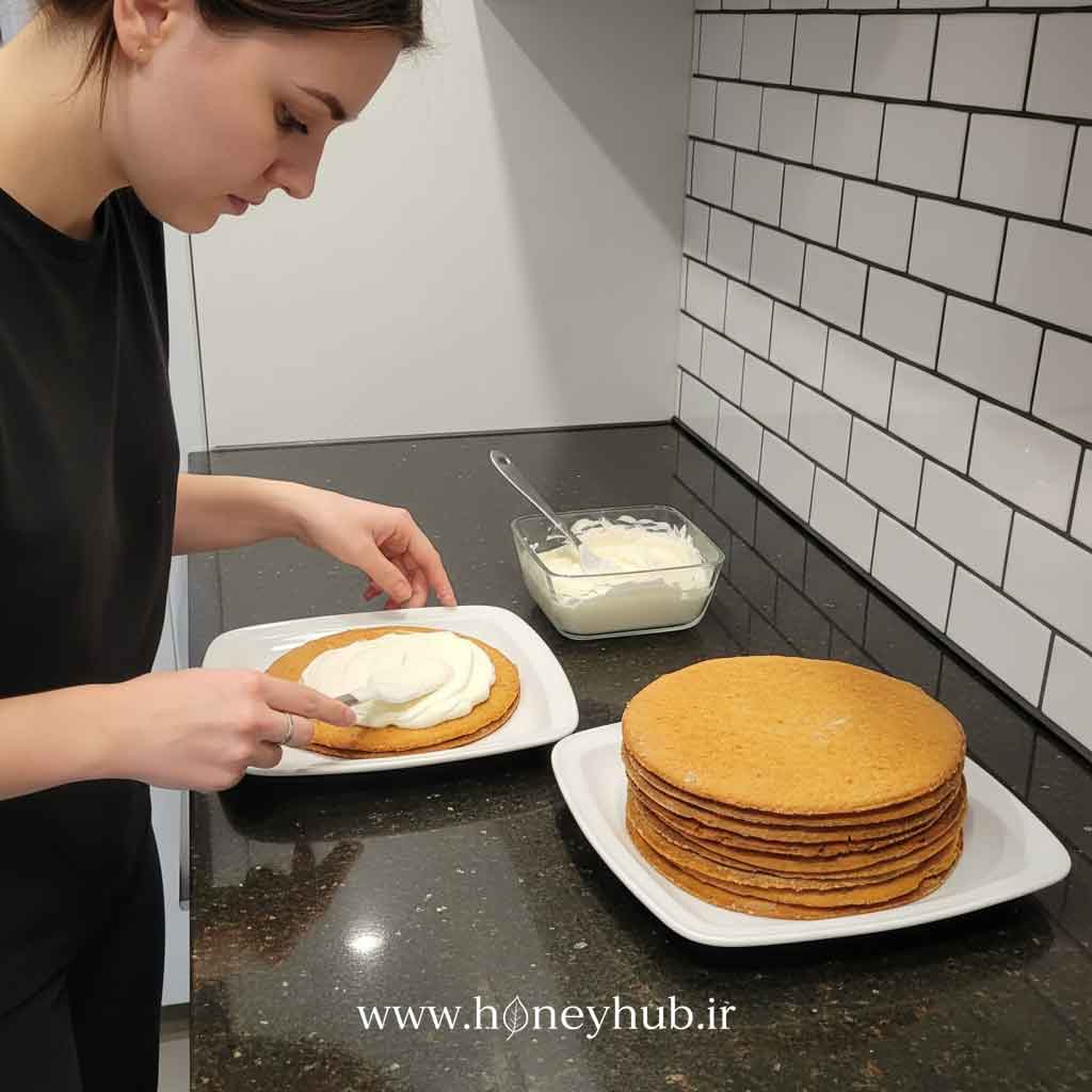 Spreading cream frosting on a baked layer of Medovik cake