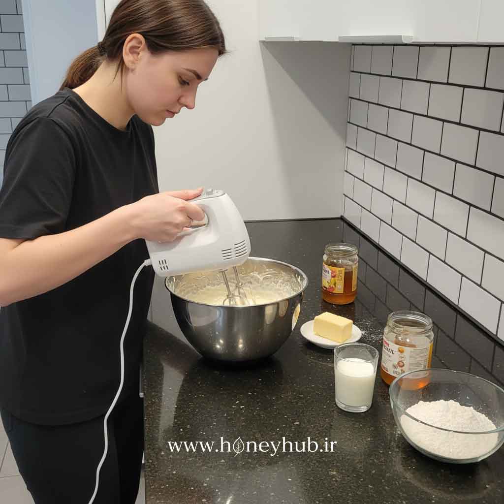 Young woman preparing ingredients for baking Medovik cake