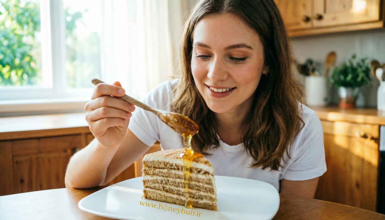 Young woman enjoying a slice of Medovik Russian Honey Cake