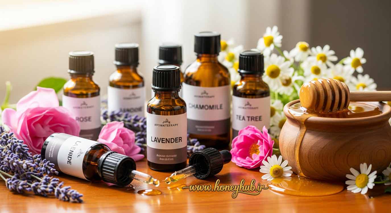 Aromatherapy essential oils with flowers and honey.
